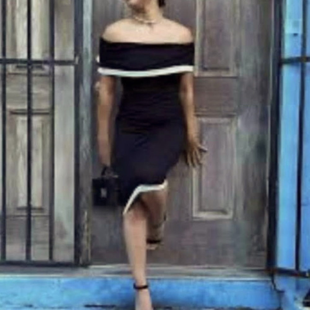 bebe bandage off shoulder midi dress medium